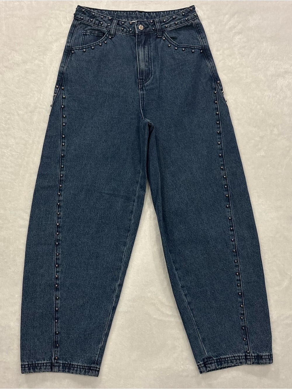 Never Fully Dressed Studded Structure Barrel Denim Blue Jeans Women’s Size 2